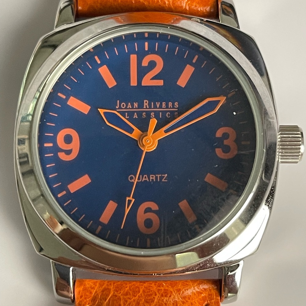 Joan Rivers quartz, watch, orange leather navy blue face